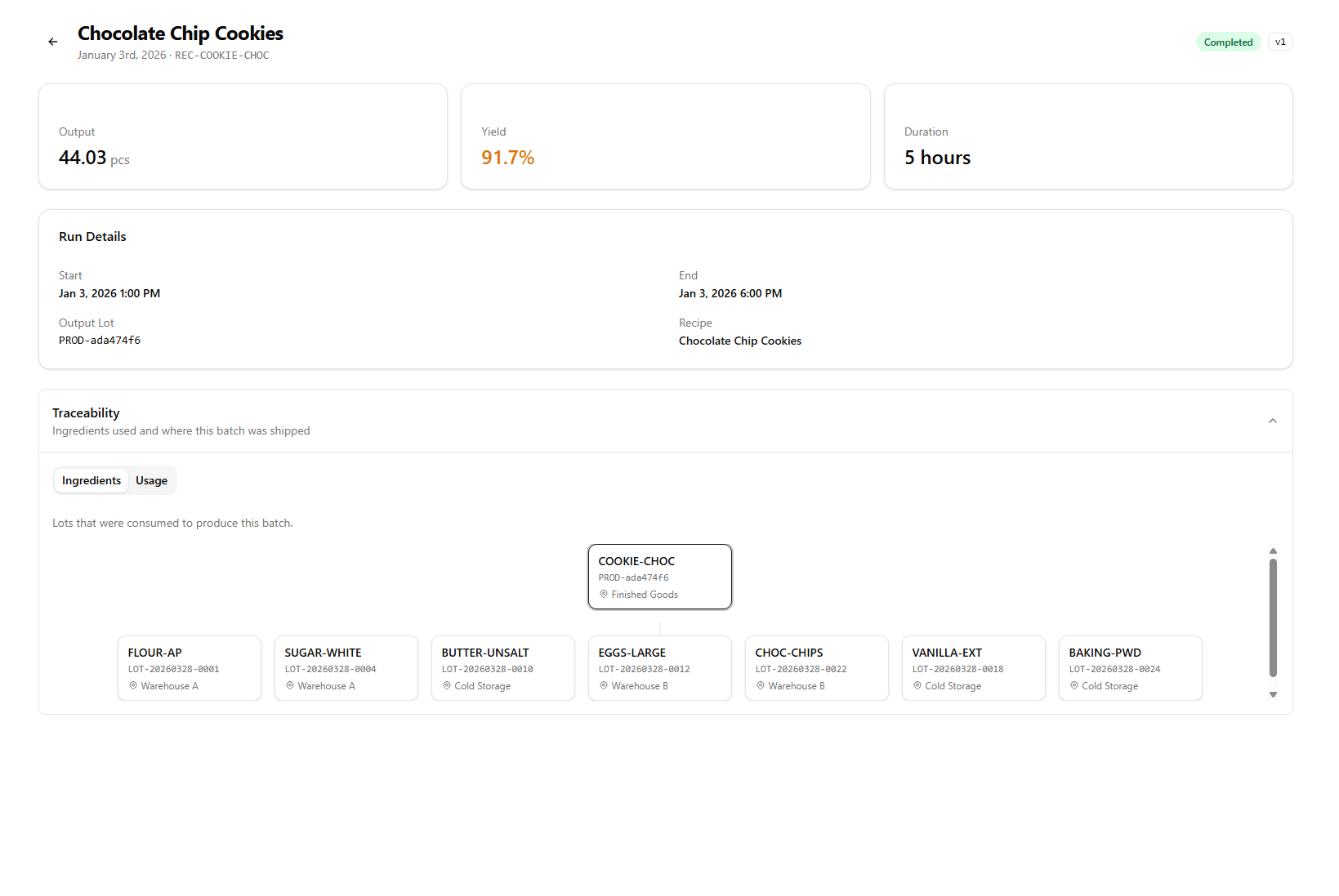 Production batch record showing full ingredient lot traceability for a mock recall
